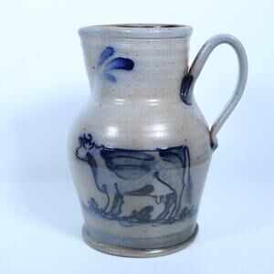 1991 Rowe Pottery Works Cambridge Wis Stoneware Pitcher Cobalt Cow 8.75" H